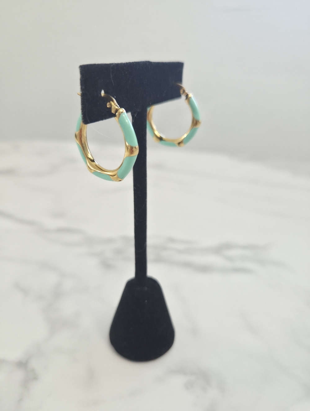 Gold & Vibrant Mint Green Enamel Bamboo Style Hoop Earrings Women Jewelry - Picture 9 of 10